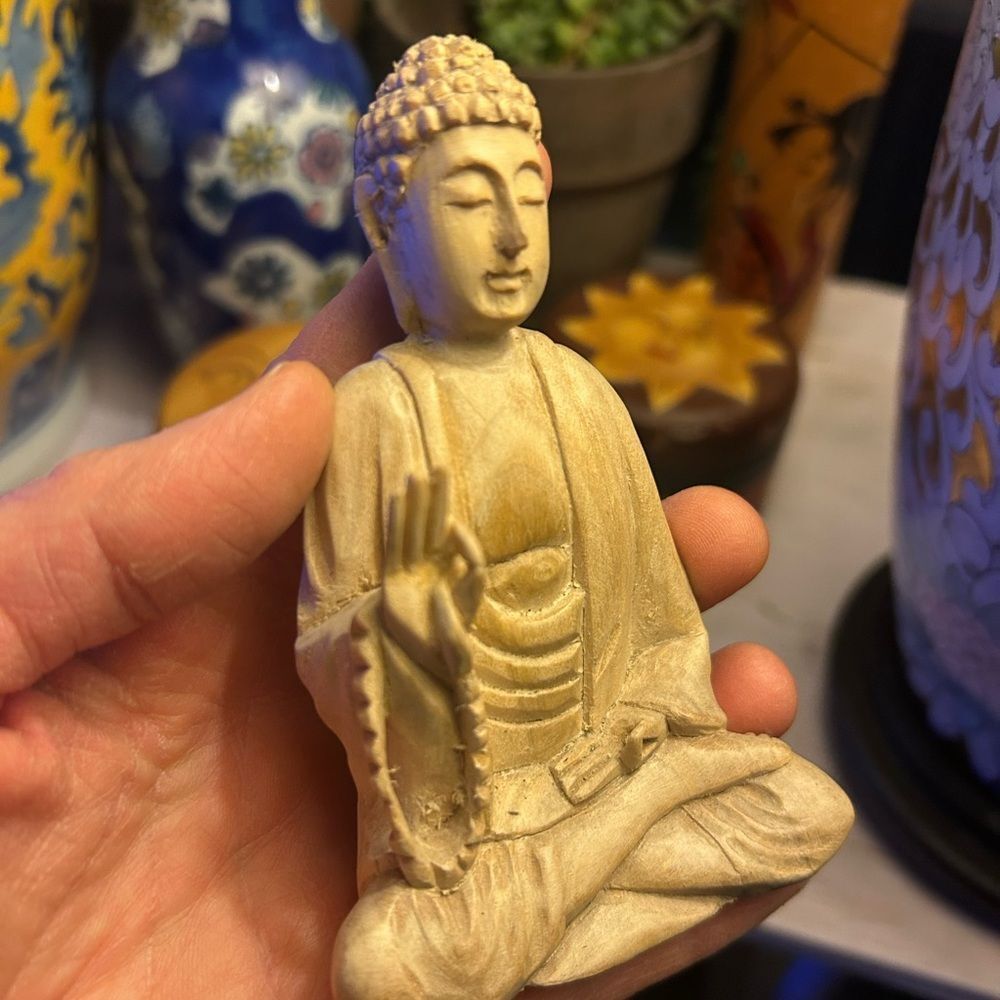Serene Handcrafted Wooden Cream Buddha Sculpture Indonesia - Picture 3 of 11